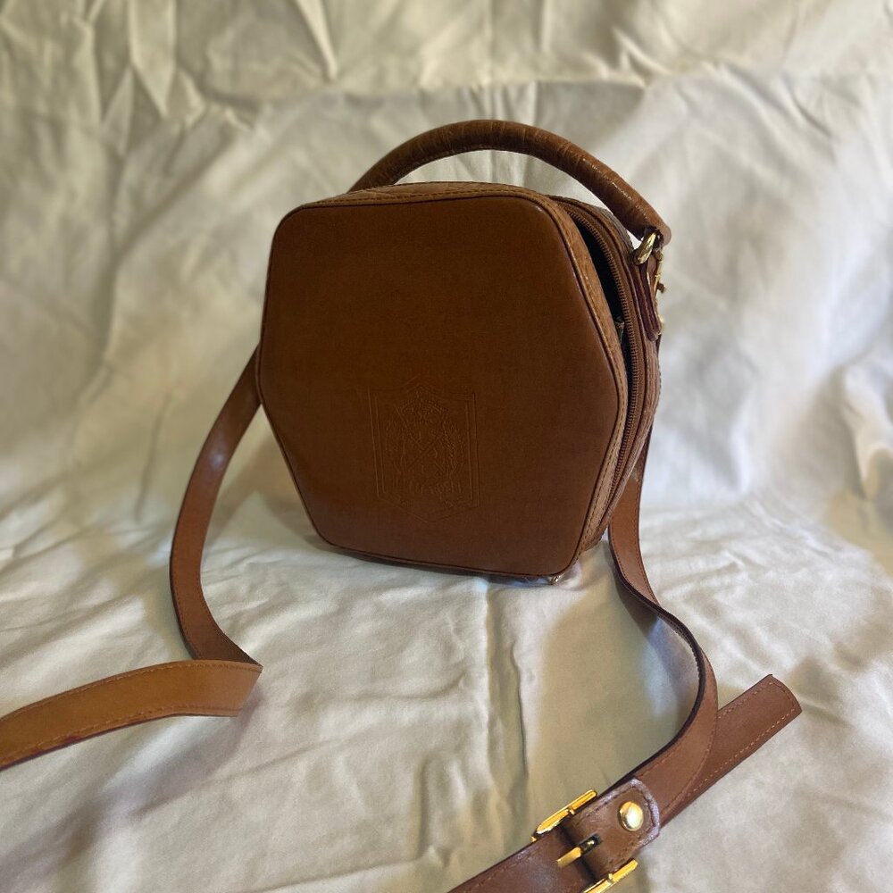 Vintage Brown Leather Crossbody - Hexagonal shape, long strap, zipper closure